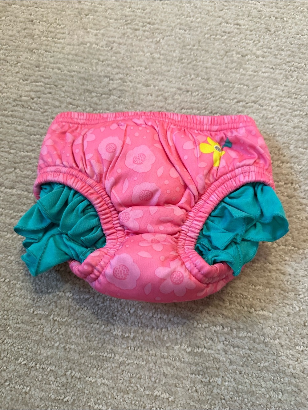 Pink Floral Girls' Swim Diaper Cover with Teal Ruffles